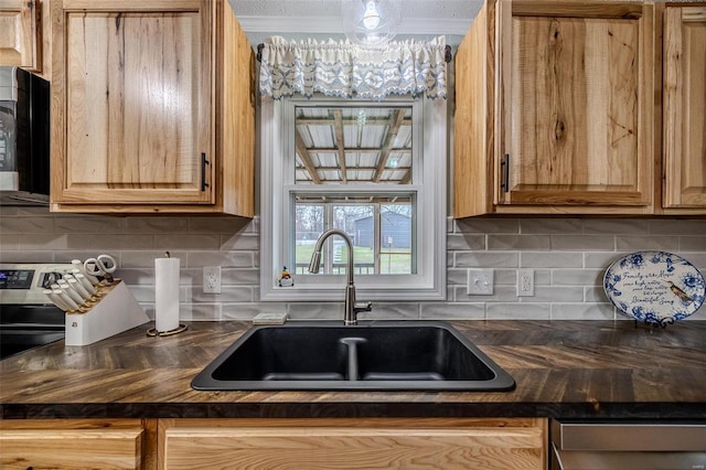 kitchen with tasteful backsplash, sink, and ornamental molding