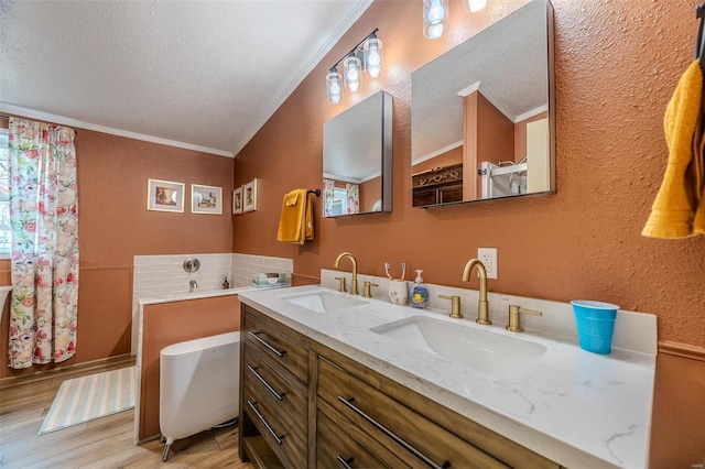 bathroom with crown molding, hardwood / wood-style floors, vanity, and a textured ceiling