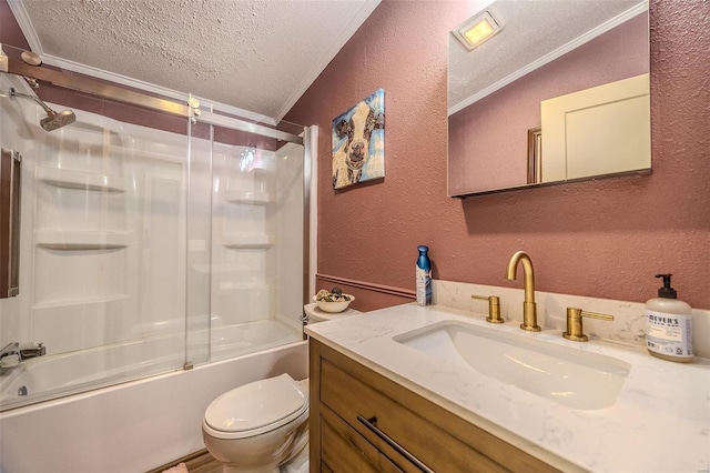 full bathroom with bath / shower combo with glass door, a textured ceiling, toilet, vanity, and ornamental molding