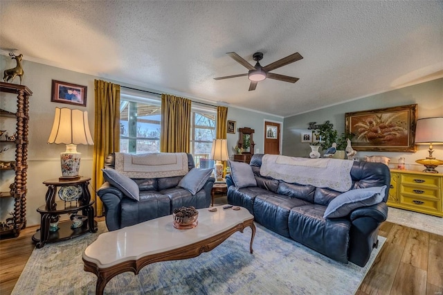 living room featuring ceiling fan, light hardwood / wood-style floors, a textured ceiling, and ornamental molding