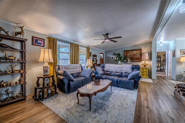 living room featuring crown molding, a textured ceiling, and light wood-type flooring