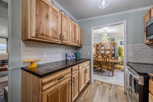 kitchen with tasteful backsplash, ornamental molding, a textured ceiling, light hardwood / wood-style flooring, and range