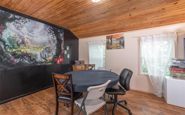 dining area featuring light hardwood / wood-style floors, wood ceiling, and a wealth of natural light