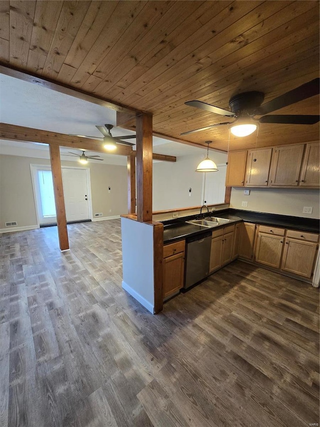 kitchen featuring wooden ceiling, dishwasher, pendant lighting, and sink