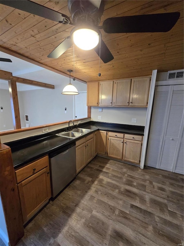 kitchen with dishwasher, wooden ceiling, sink, hanging light fixtures, and dark hardwood / wood-style flooring