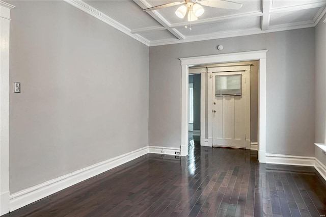 spare room featuring ceiling fan, beamed ceiling, dark hardwood / wood-style floors, and coffered ceiling