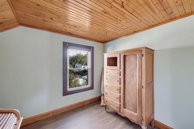 interior space with wood-type flooring, lofted ceiling, and wood ceiling