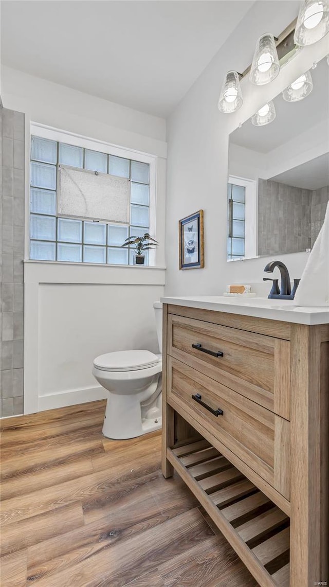 bathroom with toilet, wood-type flooring, and vanity