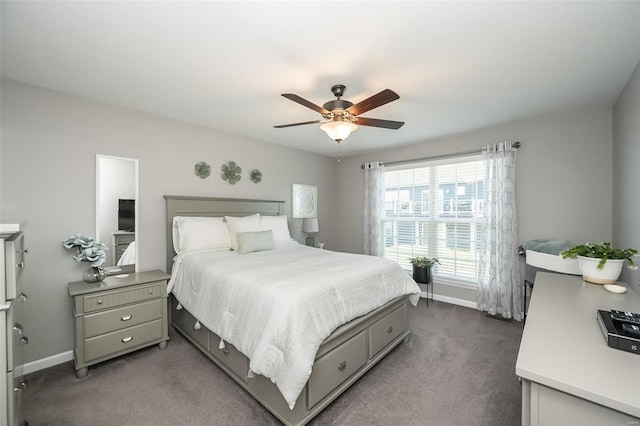 bedroom featuring ceiling fan and dark colored carpet