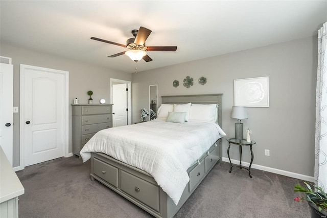 bedroom with ceiling fan and carpet