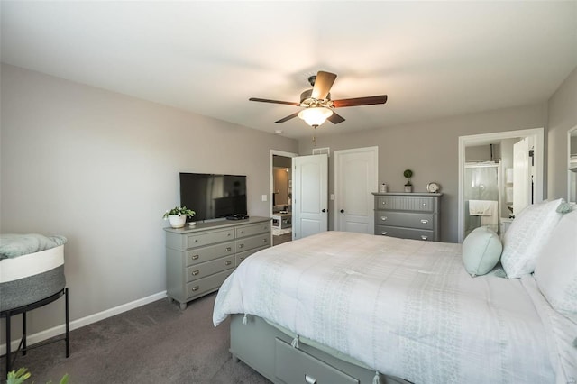 carpeted bedroom featuring ceiling fan and ensuite bathroom