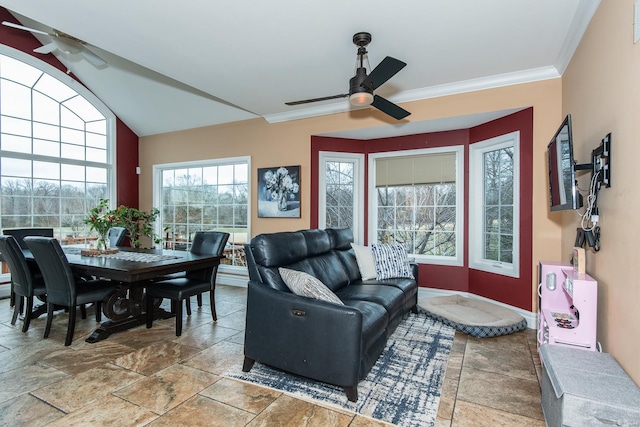 living room featuring crown molding and vaulted ceiling