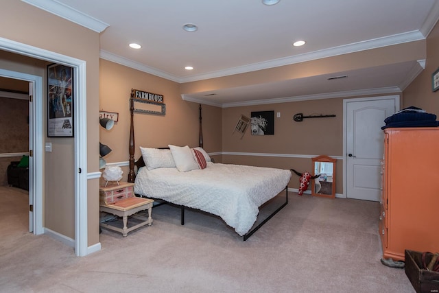 bedroom featuring light colored carpet and ornamental molding