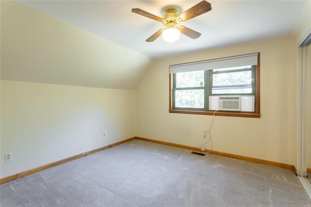 bonus room featuring carpet floors, cooling unit, ceiling fan, and lofted ceiling