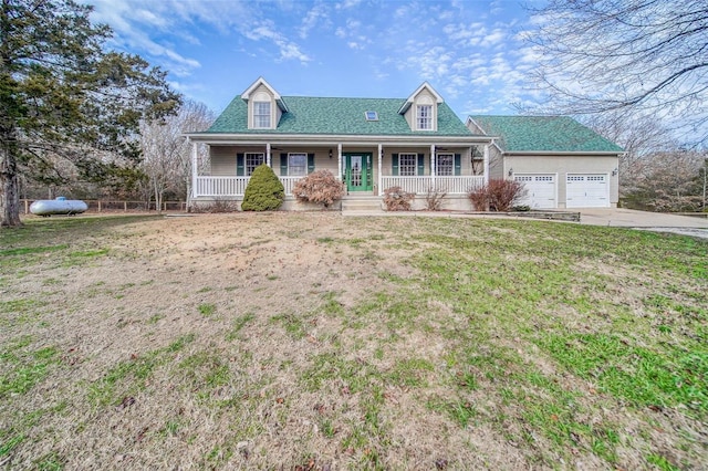 view of front facade with a front lawn, a porch, and a garage