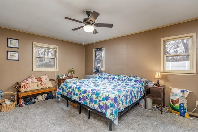 bedroom featuring carpet flooring, ceiling fan, and ornamental molding