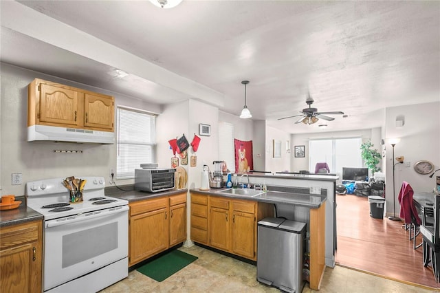 kitchen featuring kitchen peninsula, white electric range oven, ceiling fan, sink, and decorative light fixtures