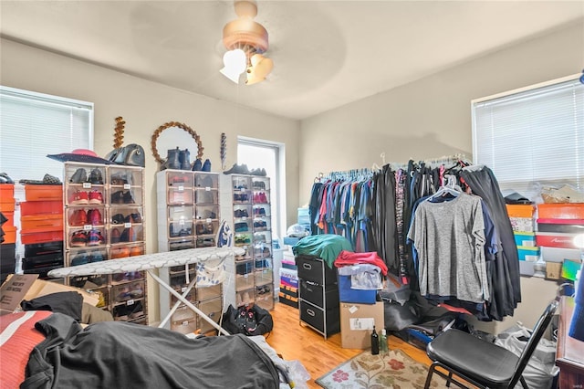 walk in closet with hardwood / wood-style floors and ceiling fan