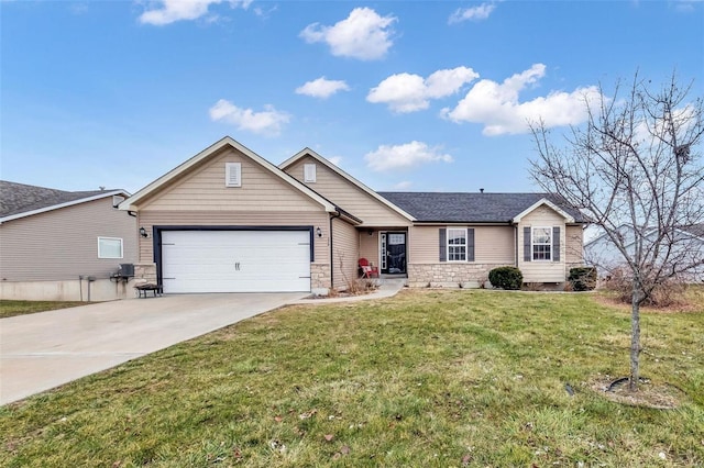 ranch-style house featuring a front yard and a garage