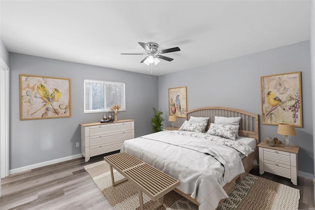 bedroom featuring ceiling fan and light hardwood / wood-style flooring