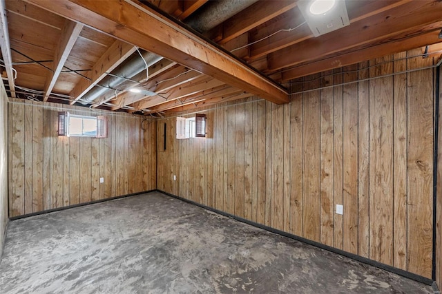 basement with plenty of natural light and wooden walls