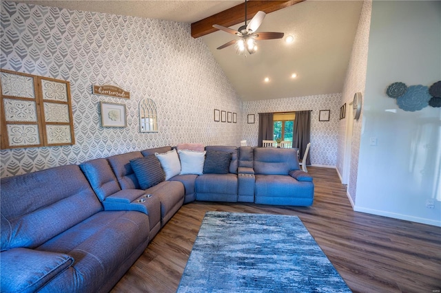 living room with beam ceiling, ceiling fan, high vaulted ceiling, and wood-type flooring