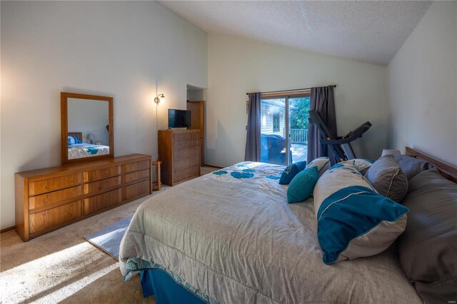 bedroom with lofted ceiling, light carpet, and a textured ceiling