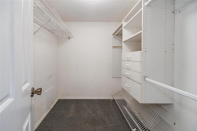 spacious closet featuring dark carpet