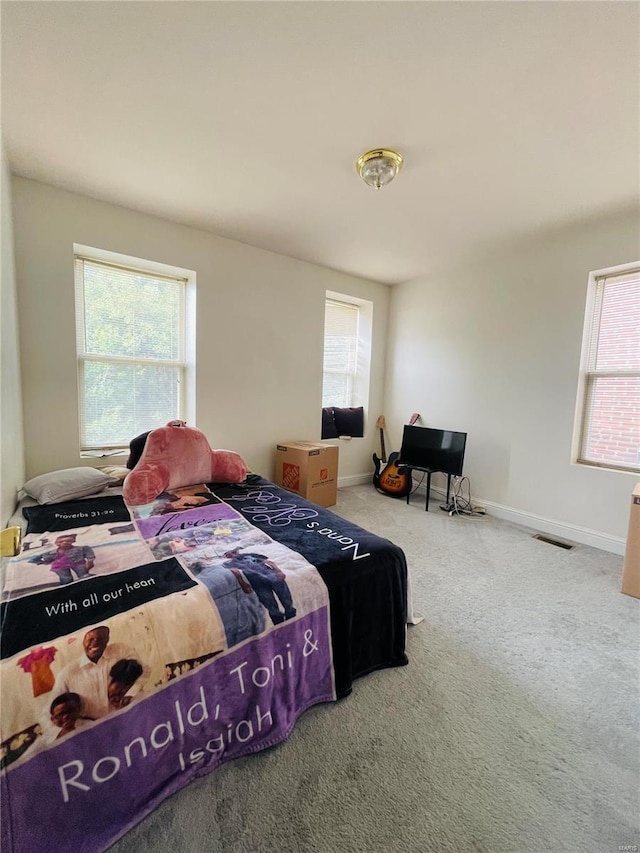 bedroom with carpet floors and multiple windows