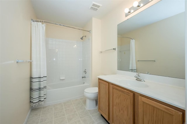 full bathroom with vanity, toilet, and shower / bath combo with shower curtain