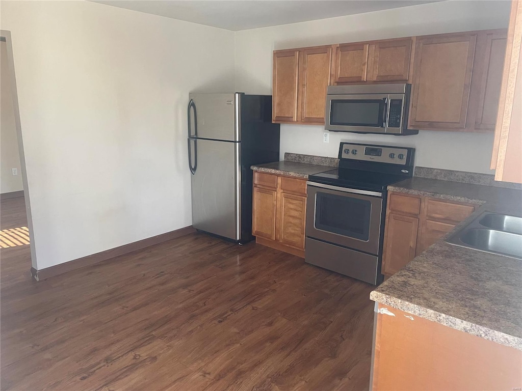 kitchen with dark hardwood / wood-style flooring, sink, and stainless steel appliances
