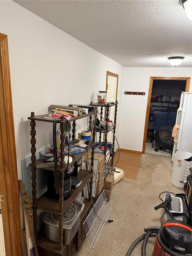 interior space with carpet, washer / dryer, and a textured ceiling