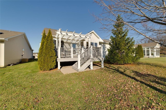 back of house with central AC, a pergola, a deck, and a lawn