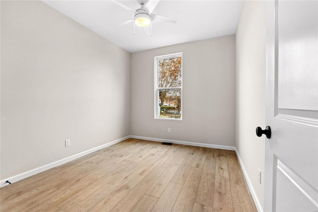 spare room featuring ceiling fan and light hardwood / wood-style floors