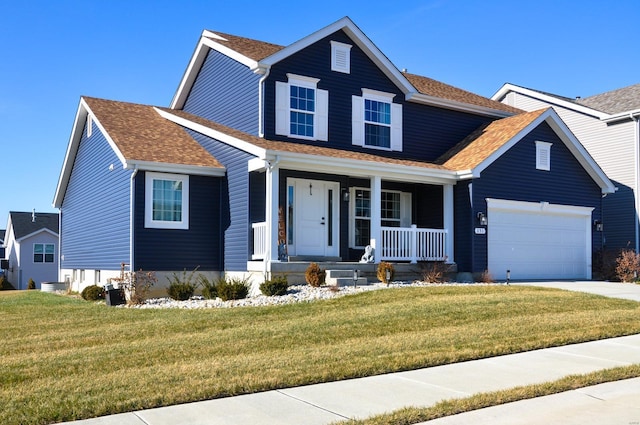 view of front of house featuring a porch, a garage, and a front lawn