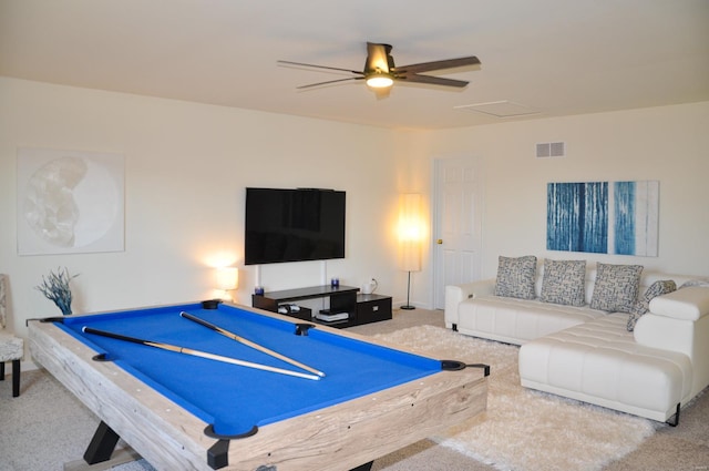 recreation room featuring carpet flooring, ceiling fan, and billiards