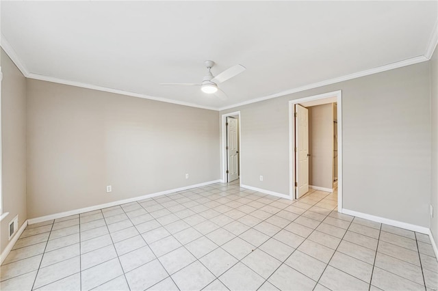 unfurnished room featuring ceiling fan, baseboards, visible vents, and crown molding