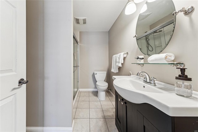 bathroom featuring a stall shower, vanity, toilet, and tile patterned floors