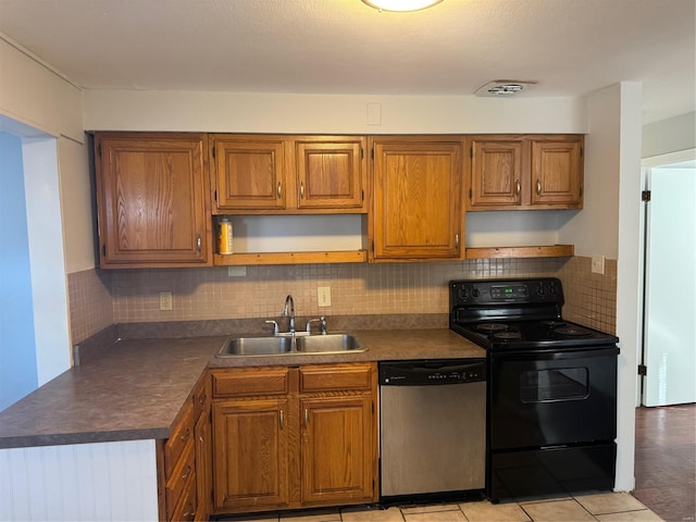 kitchen featuring black / electric stove, sink, stainless steel dishwasher, light tile patterned floors, and tasteful backsplash