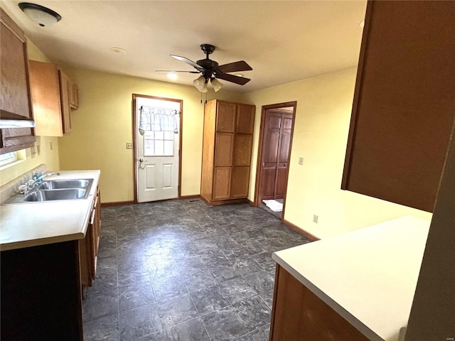 kitchen featuring a wealth of natural light, ceiling fan, and sink