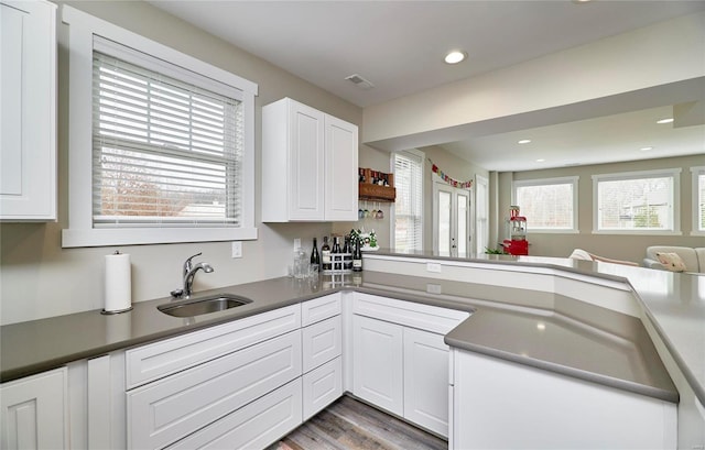 kitchen with hardwood / wood-style floors, a healthy amount of sunlight, white cabinets, and sink