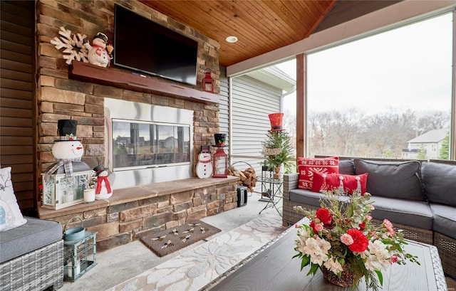 living room featuring wood ceiling