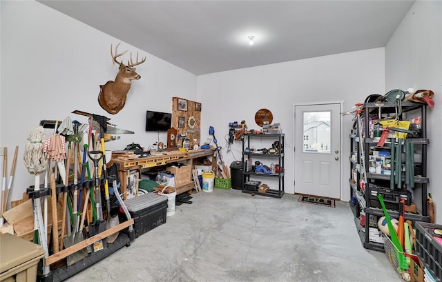 garage with a workshop area