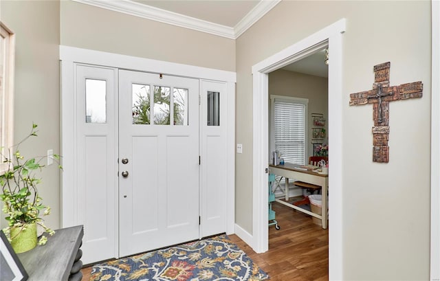 entryway featuring crown molding and wood-type flooring