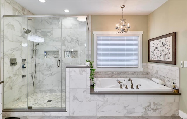 bathroom with plus walk in shower and a chandelier