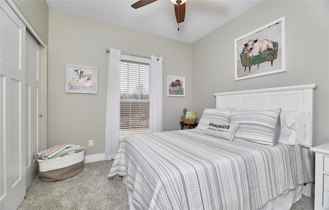 carpeted bedroom with ceiling fan