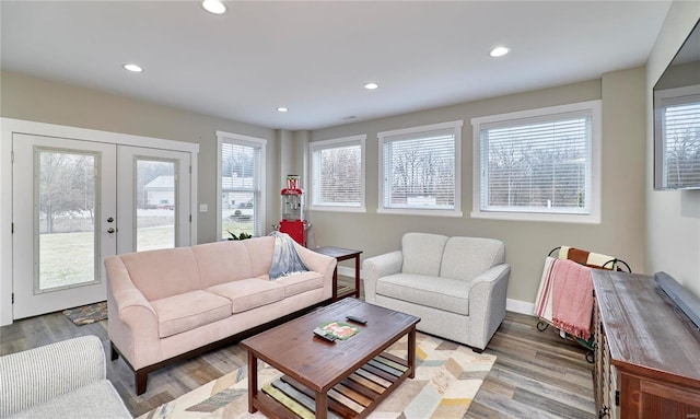 living room with french doors and light wood-type flooring