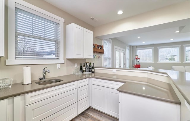 kitchen featuring wood-type flooring, sink, and white cabinets