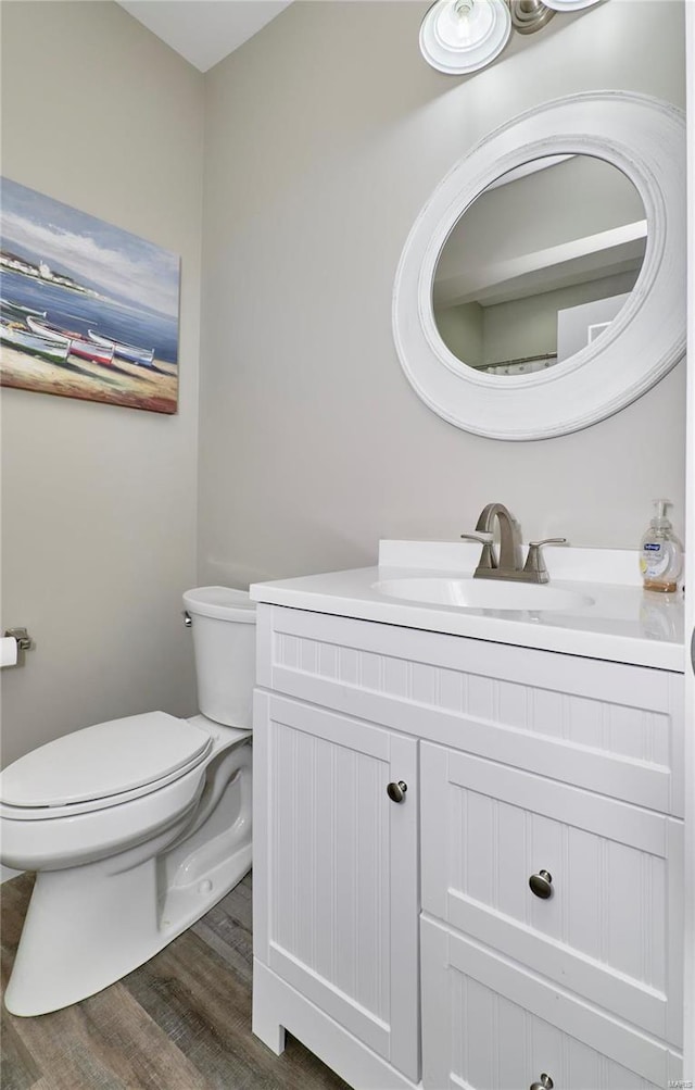 bathroom featuring vanity, wood-type flooring, and toilet