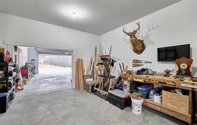 garage featuring a workshop area